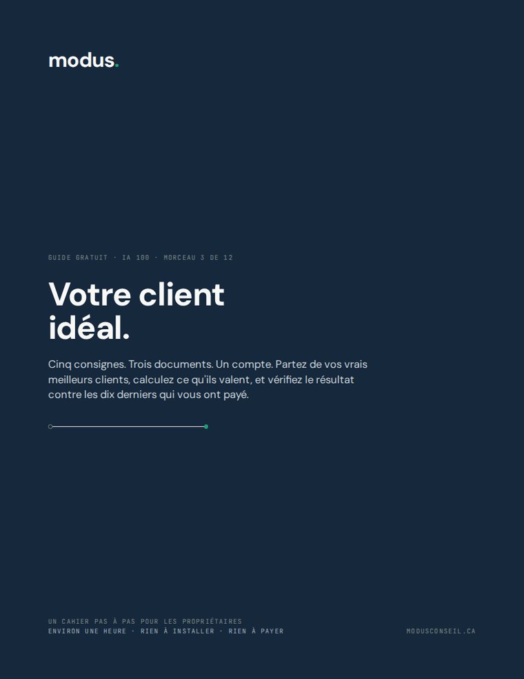 Couverture du guide : « Votre client idéal », IA 100 morceau 3, édition française.