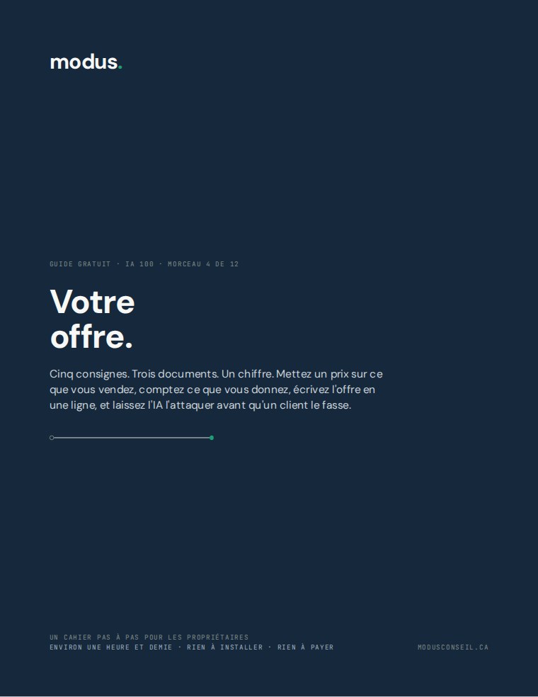 Couverture du guide : « Votre offre », IA 100 morceau 4, édition française.