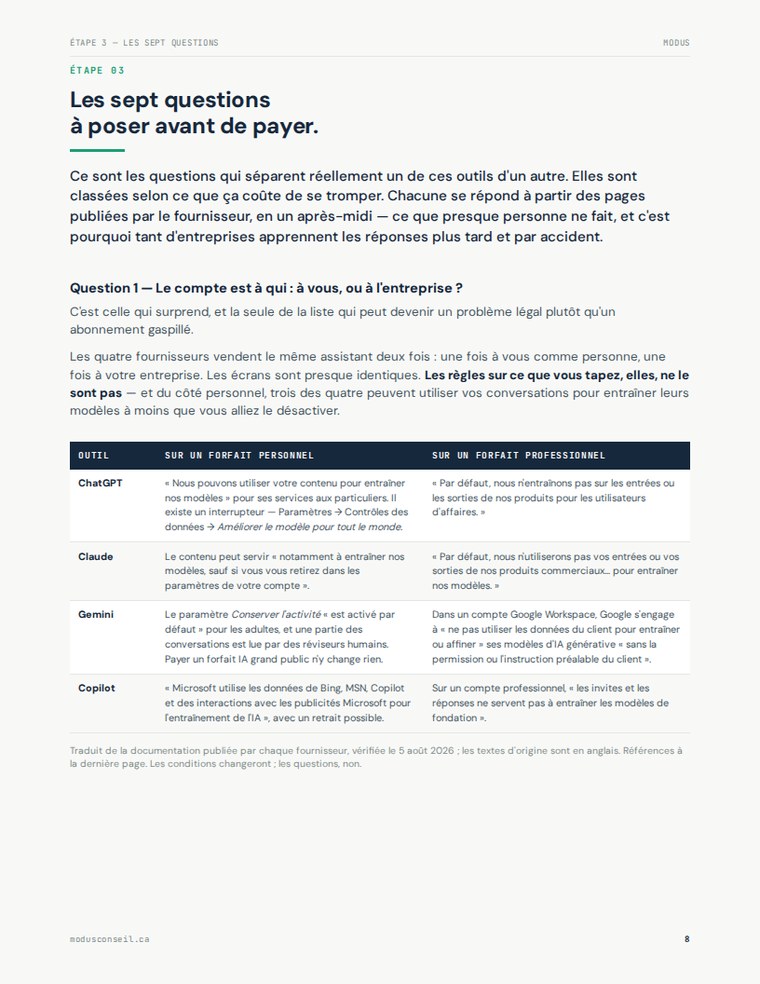 Page du guide comparant ce que ChatGPT, Claude, Gemini et Copilot disent de vos données sur un forfait personnel et sur un forfait professionnel.