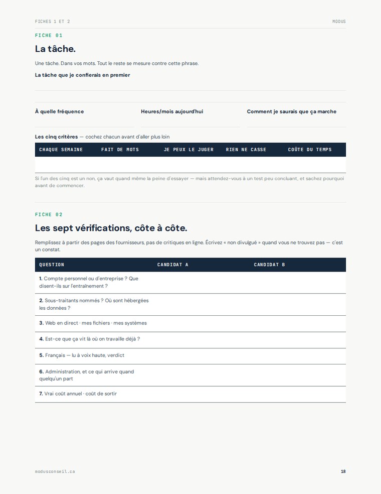 Page du guide : fiches de travail imprimables, dont la grille comparative des sept vérifications.