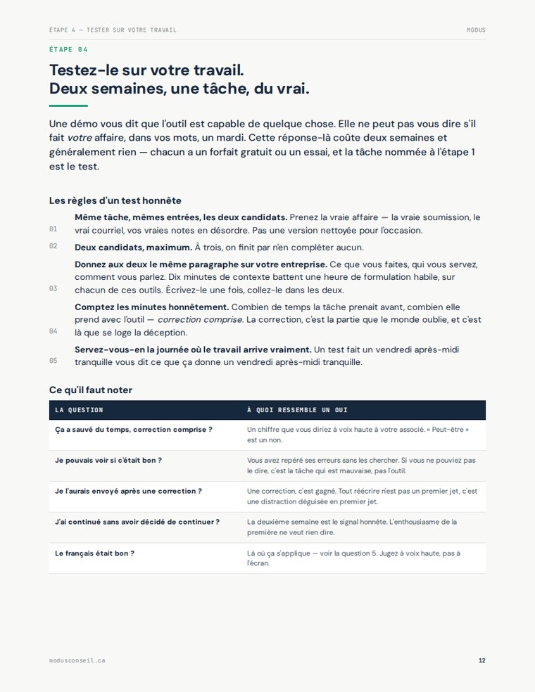 Page du guide décrivant les règles d'un test honnête de deux semaines et ce qu'il faut noter.