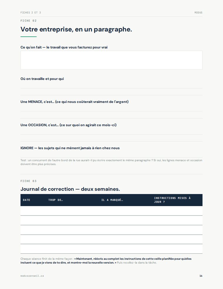 Page du guide : fiches de travail imprimables à remplir à la main.