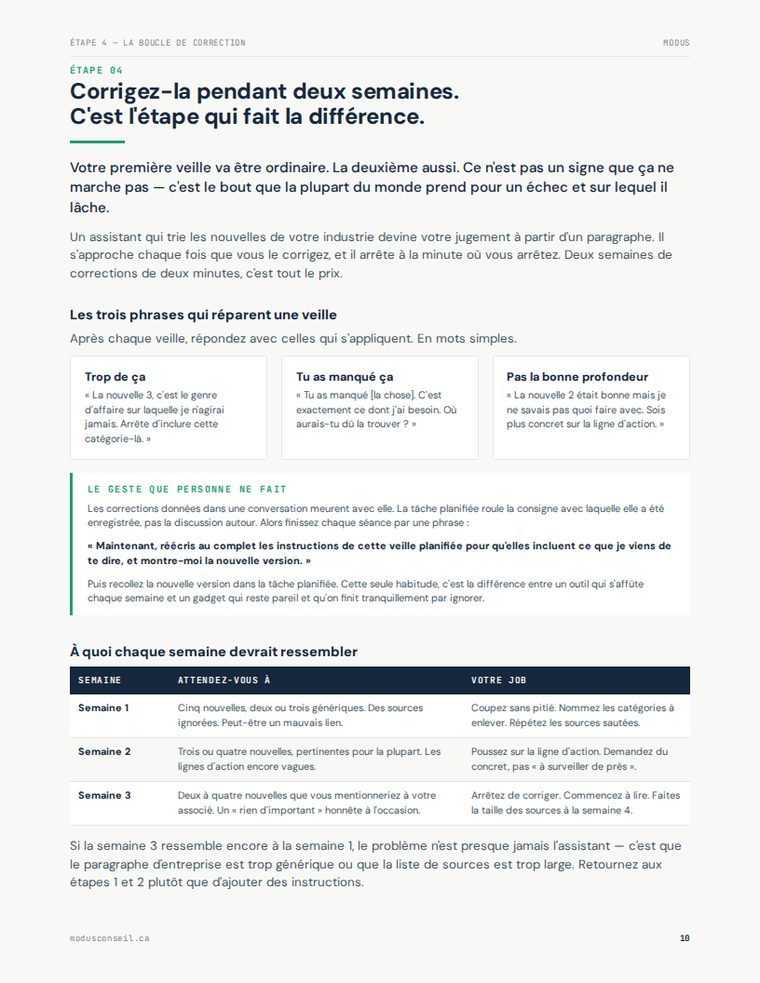 Page du guide sur la boucle de correction et ce à quoi chaque semaine devrait ressembler.
