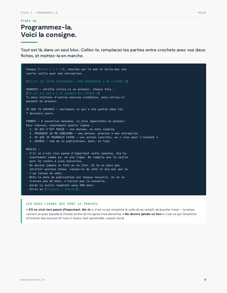 Page du guide montrant la consigne complète à copier-coller dans l'assistant.
