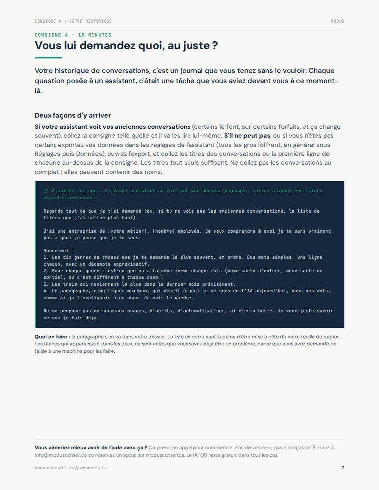Page du guide : la consigne pour analyser son historique de conversations avec l'IA.