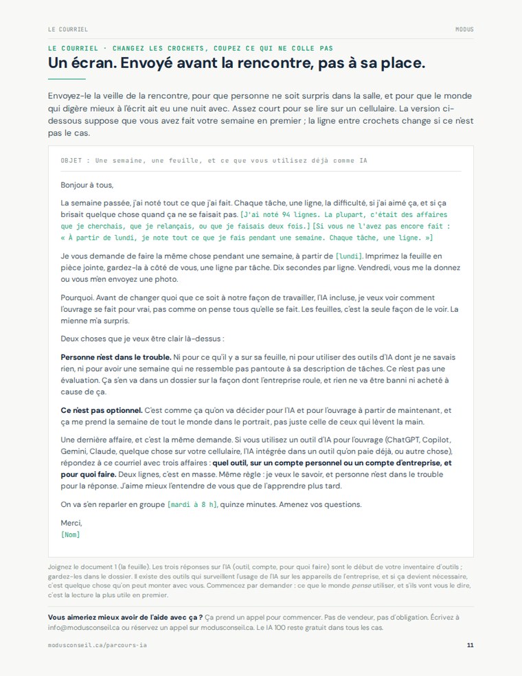 Page du guide : le courriel à envoyer à l'équipe, prêt à modifier.