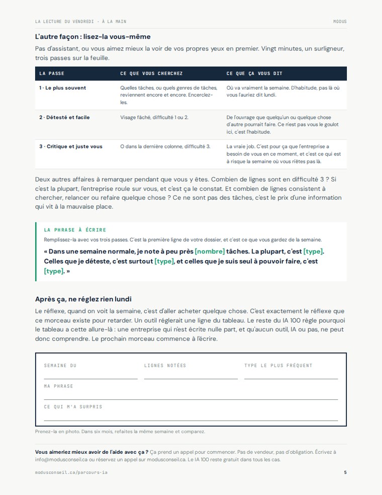 Page du guide : la consigne à donner à l'IA pour trier la semaine.