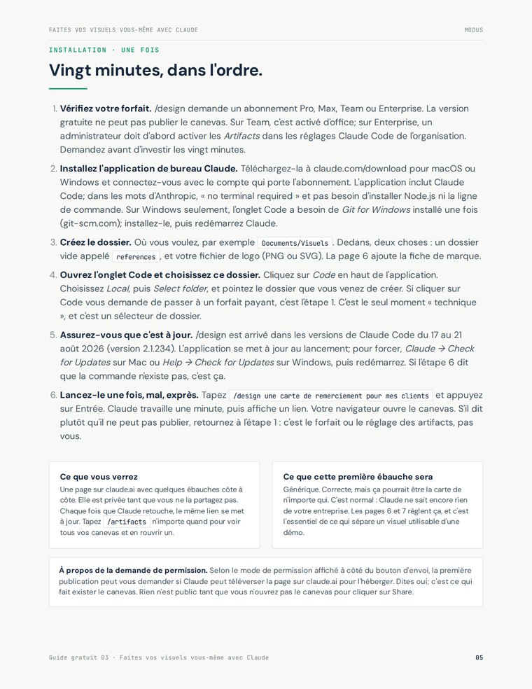 Page du guide : l'installation en six étapes numérotées, du forfait au premier essai.