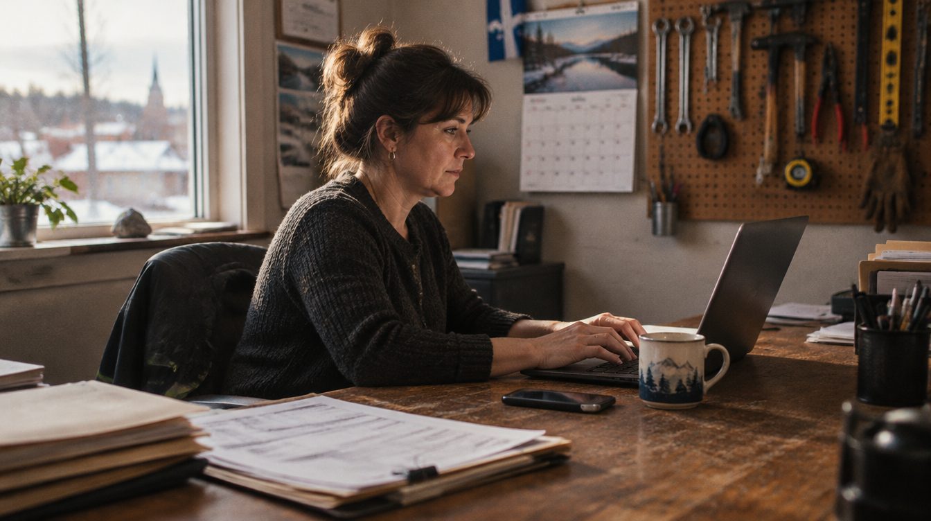 Dans le bureau d'une entreprise de métier, une adjointe travaille à l'ordinateur entourée de dossiers et de factures.
