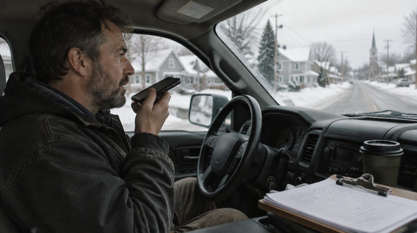 Un entrepreneur dicte une note vocale sur son cellulaire, assis dans son camion, un matin d'hiver.
